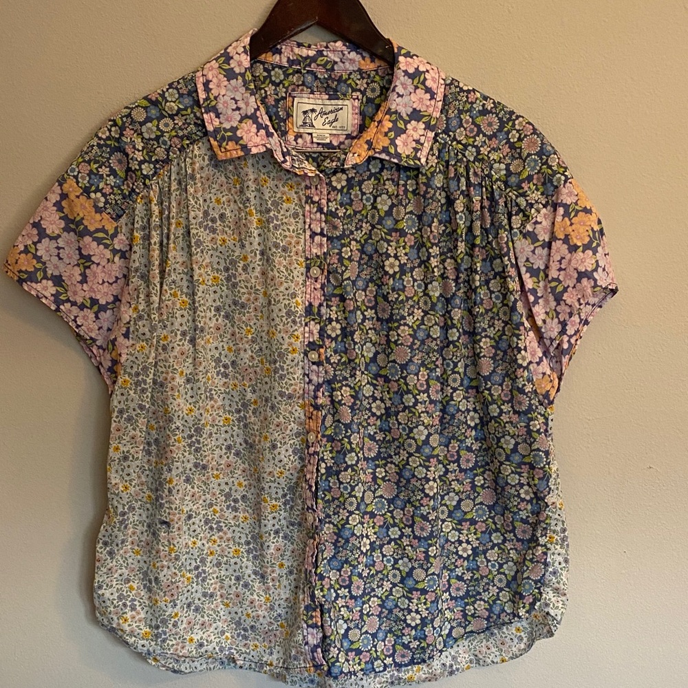 American Eagle Outfitters Oversized Resort Shirt with Multi-Floral Panels. Med